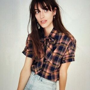 Madewell Short-Sleeve Tie-Neck Shirt in Junipero Plaid